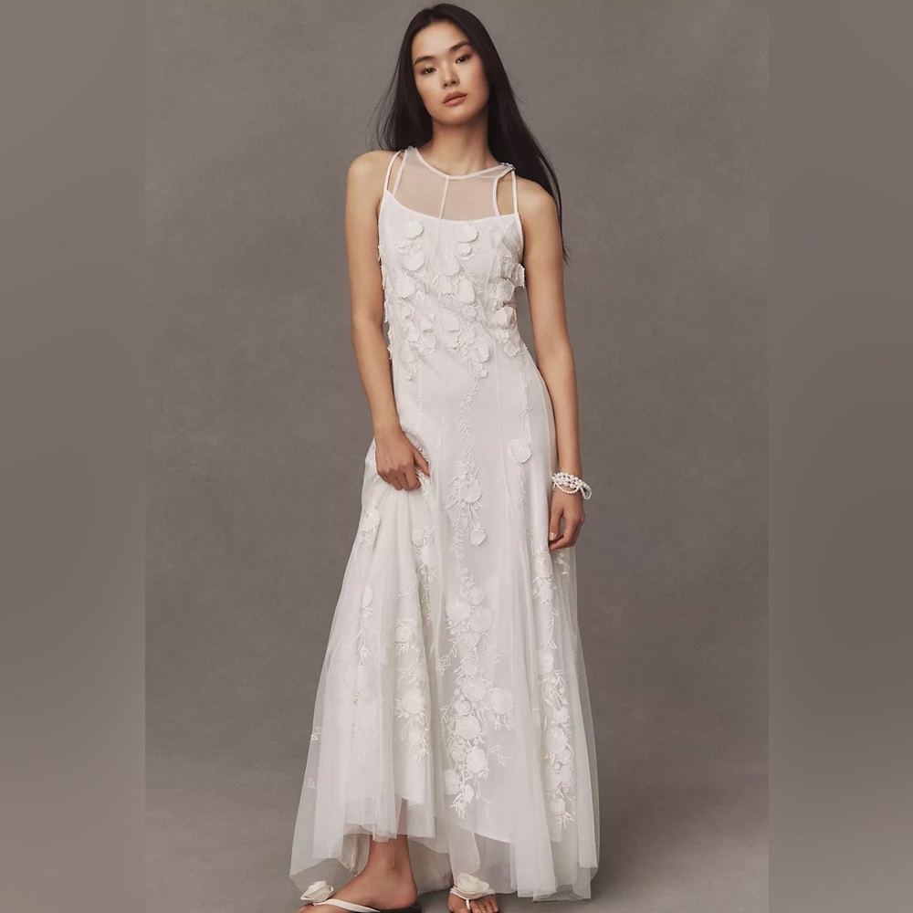NWT BHLDN Anthropologie‎ Ivory Floral Lace Sheer Maxi Wedding Dress Open Back